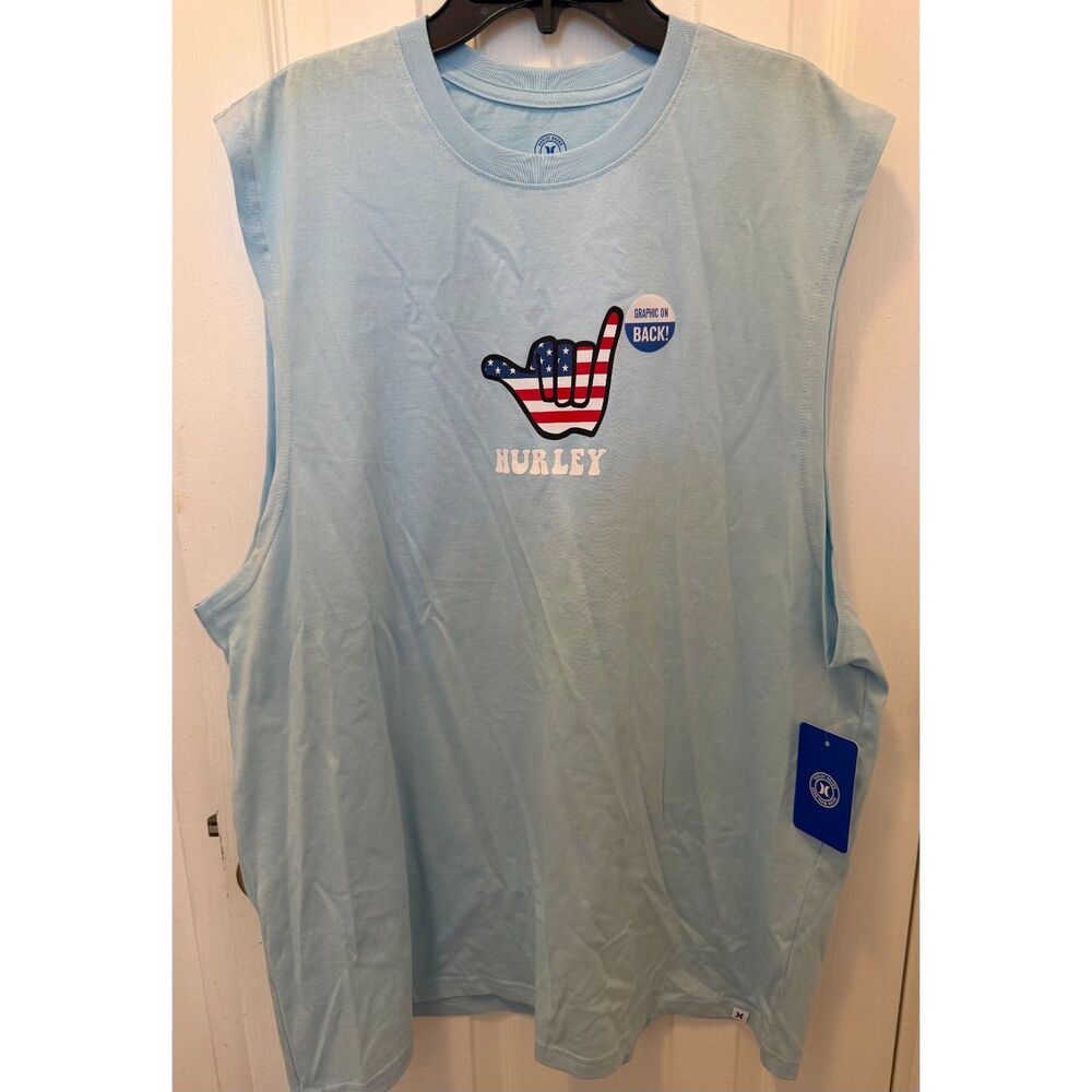 Hurley Muscle Tank Men's Size XL Surfs Up Patriotic Graphic Light Blue NWT